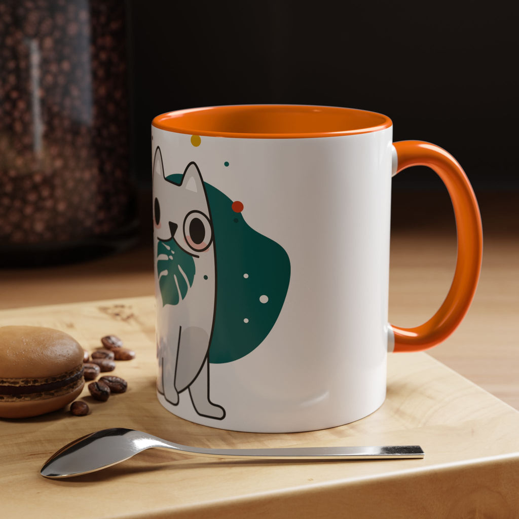 Cute Cat Coffee Mug  Playful White Cat with Tropical Leaf Accent 11oz 15oz