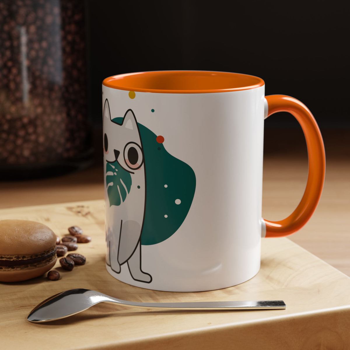 Cute Cat Coffee Mug  Playful White Cat with Tropical Leaf Accent 11oz 15oz