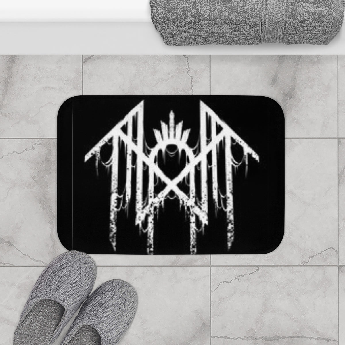 Black Metal Logo Bath Mat — Distressed Nordic Rune Design