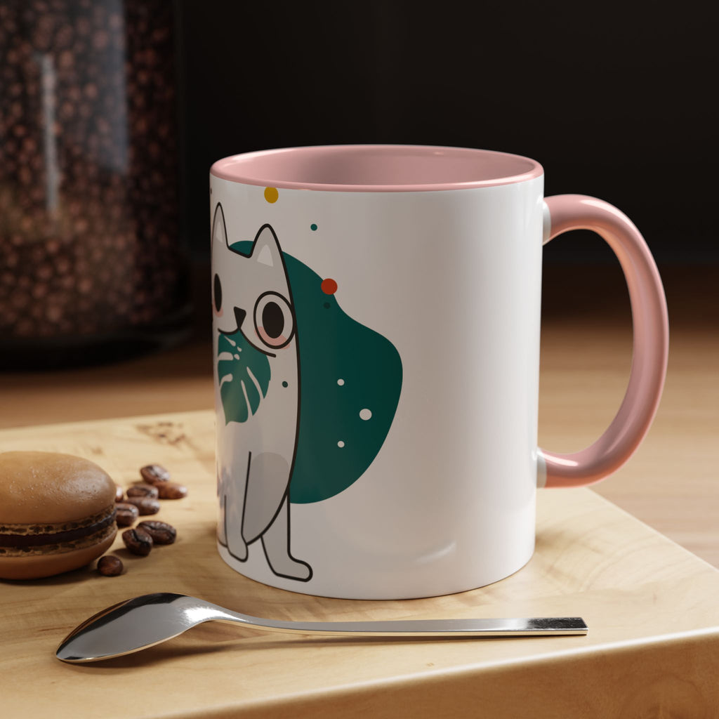 Cute Cat Coffee Mug  Playful White Cat with Tropical Leaf Accent 11oz 15oz