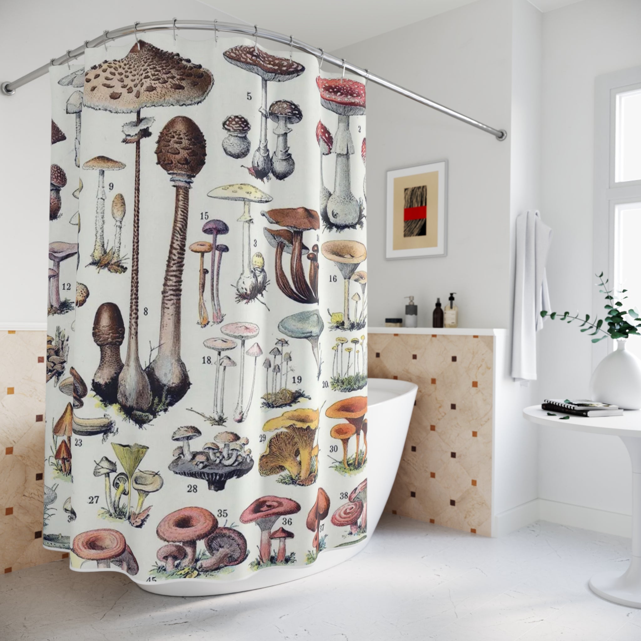 Mushroom Shower Curtain – Vintage Botanical Fungi Illustration Art