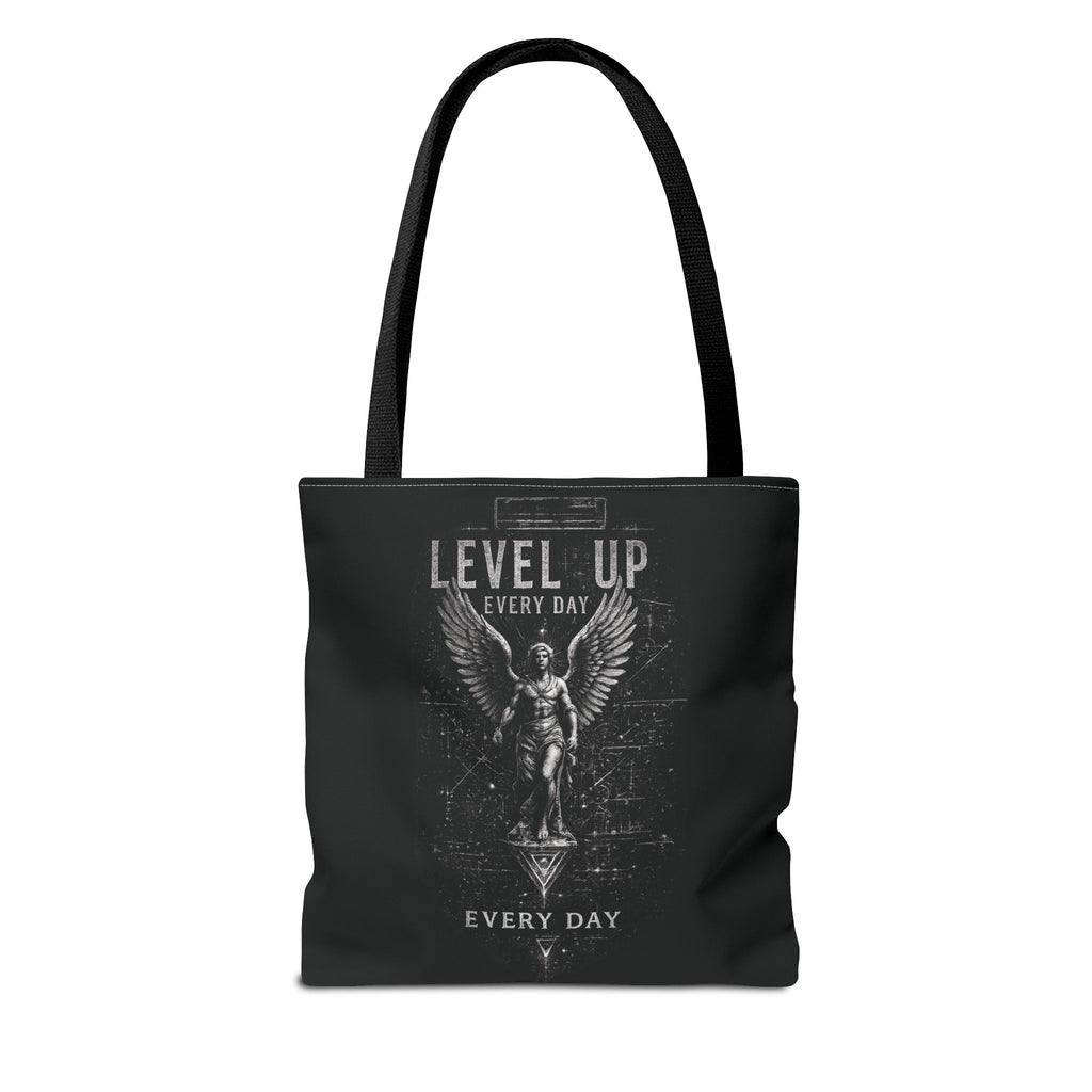 Level Up Every Day Angel Statue Tote Bag — Motivational Graphic Tote for Gamers & Fitness Fans
