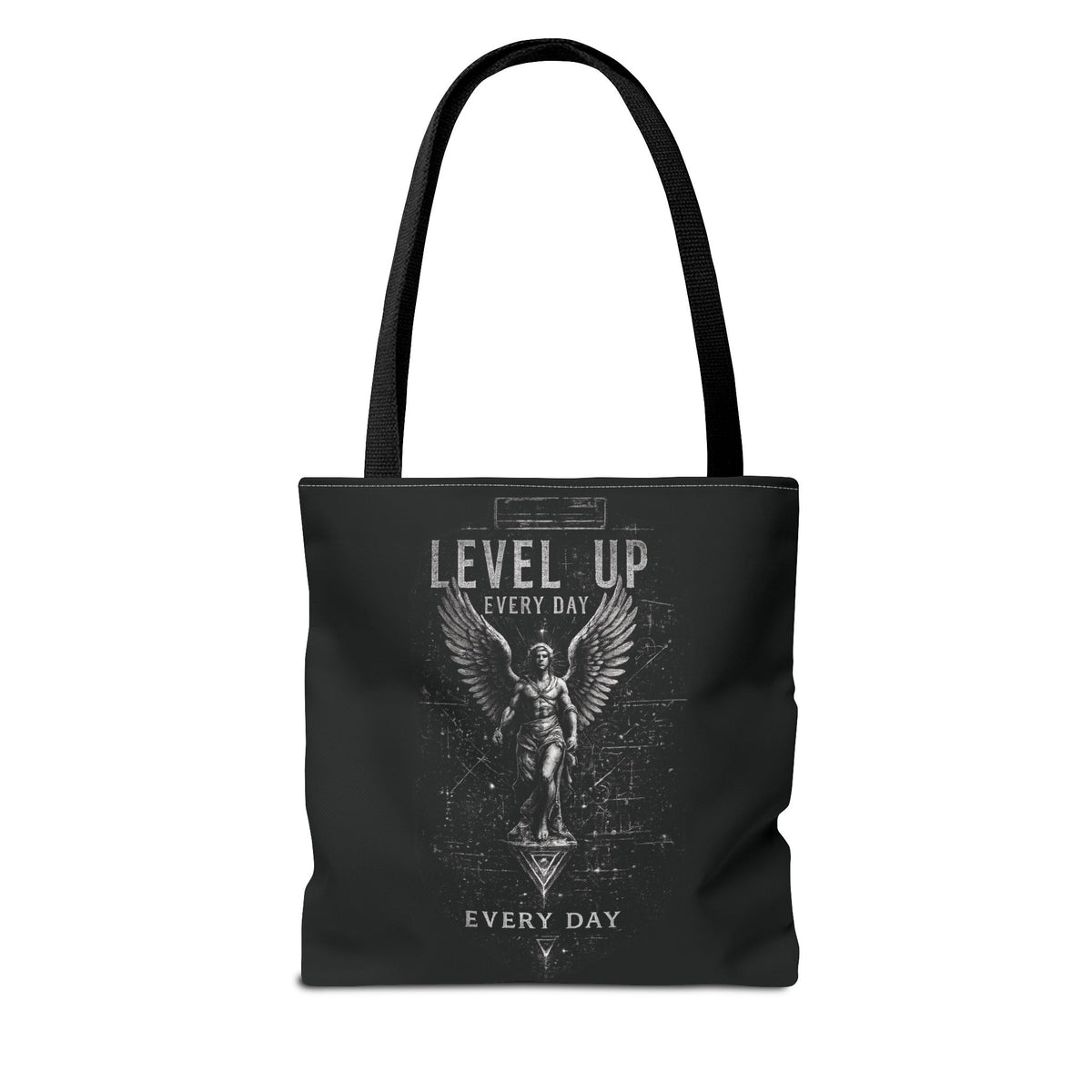 Level Up Every Day Angel Statue Tote Bag — Motivational Graphic Tote for Gamers & Fitness Fans
