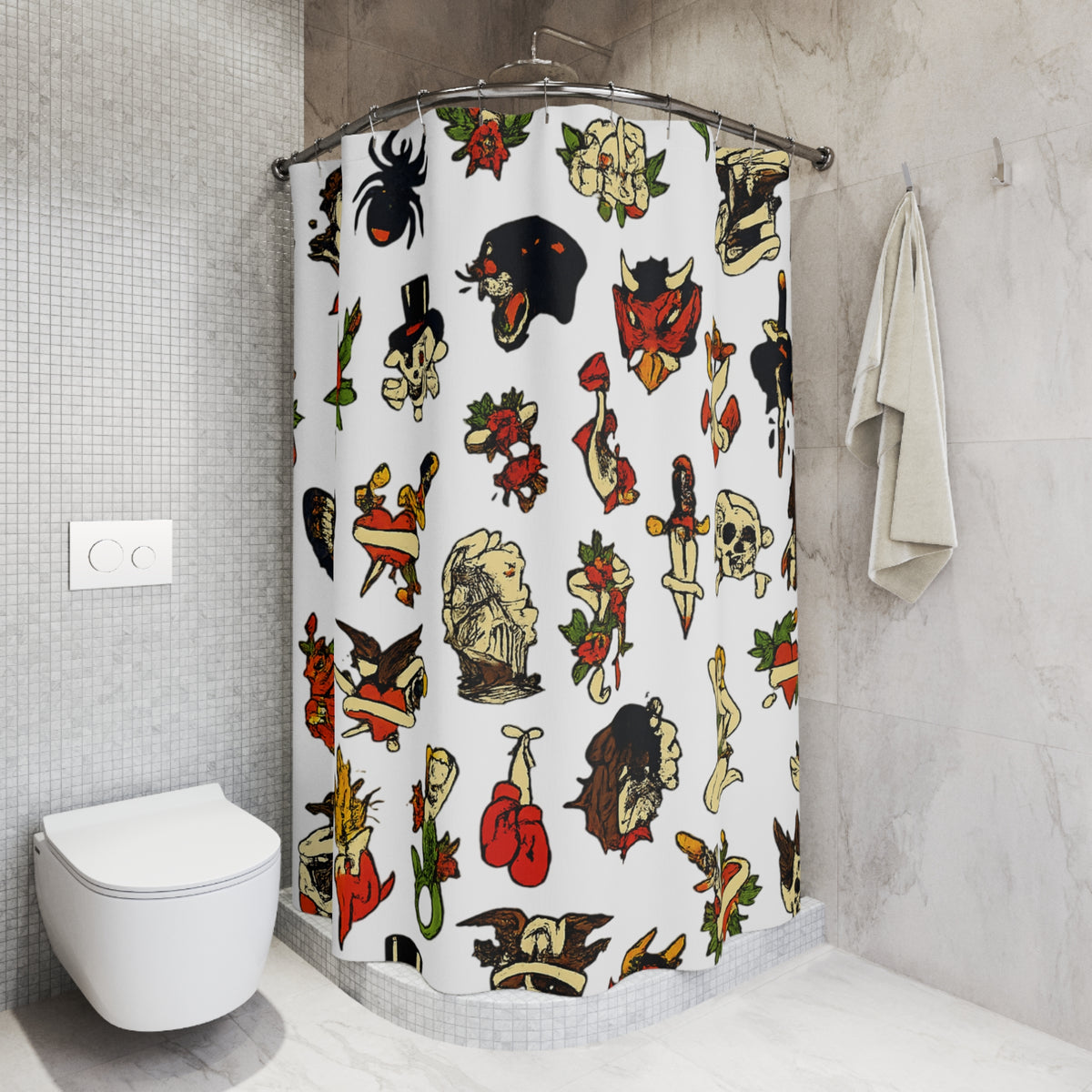 Traditional Tattoo Flash Shower Curtain Gothic Bathroom Decor Vintage Tattoo Art Bathroom Aesthetic Alternative Home Decor Punk Rock