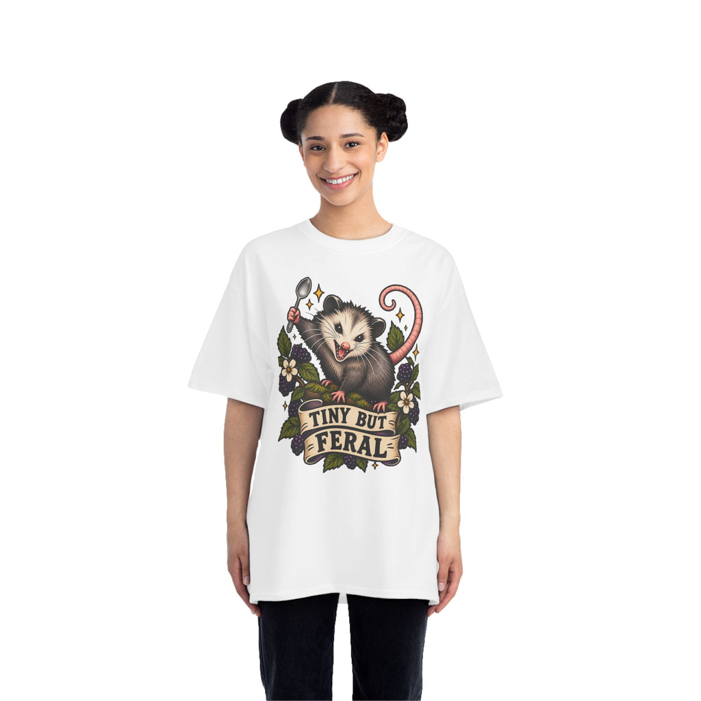 Tiny But Feral opossum illustration T-Shirt | vintage floral banner