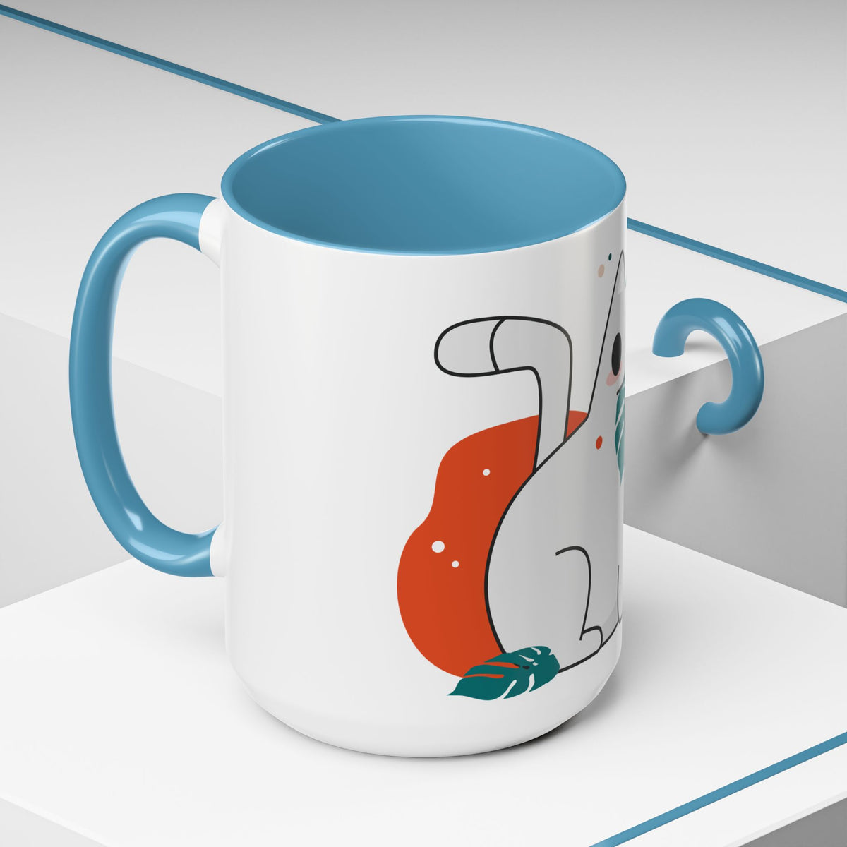 Cute Cat Coffee Mug  Playful White Cat with Tropical Leaf Accent 11oz 15oz