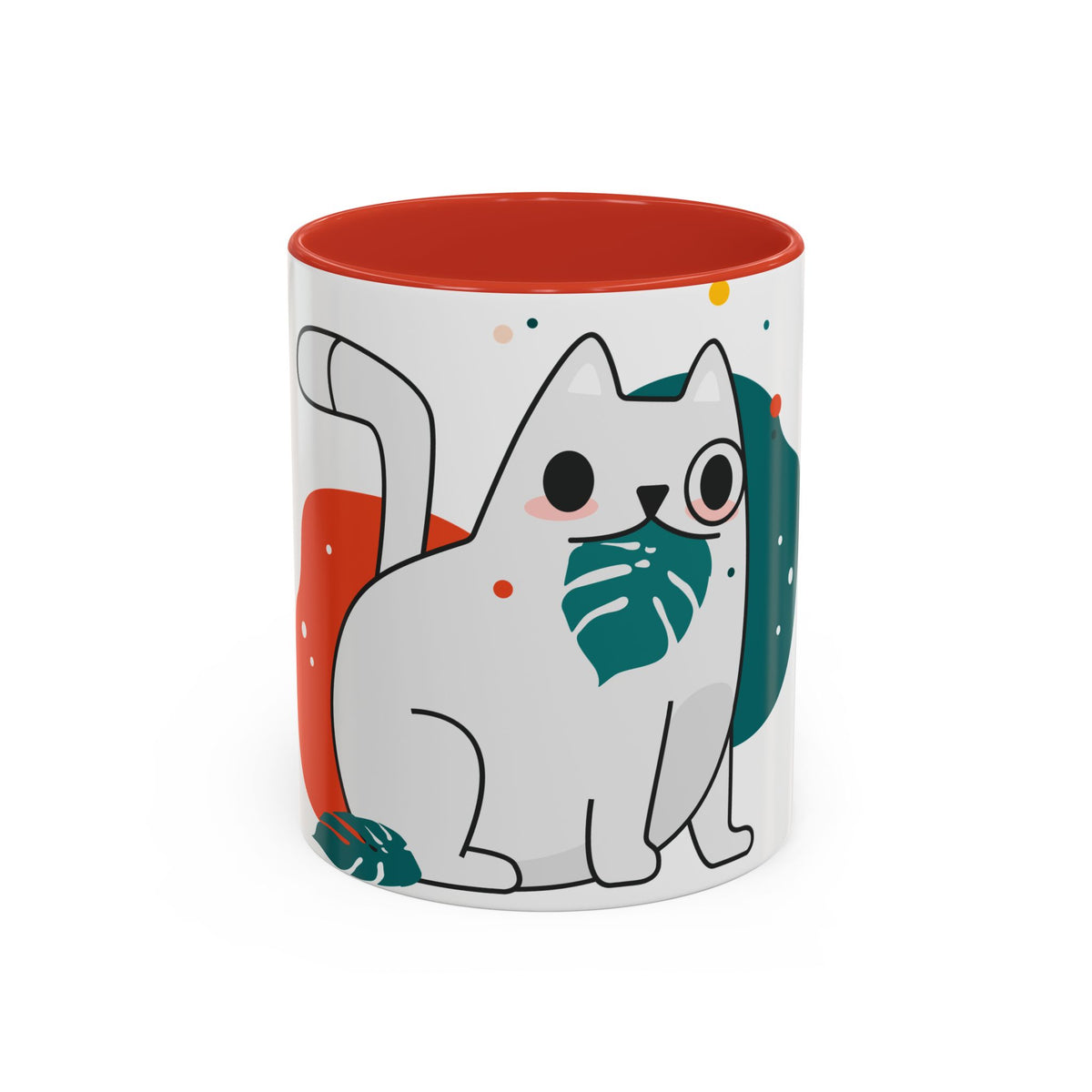 Cute Cat Coffee Mug  Playful White Cat with Tropical Leaf Accent 11oz 15oz