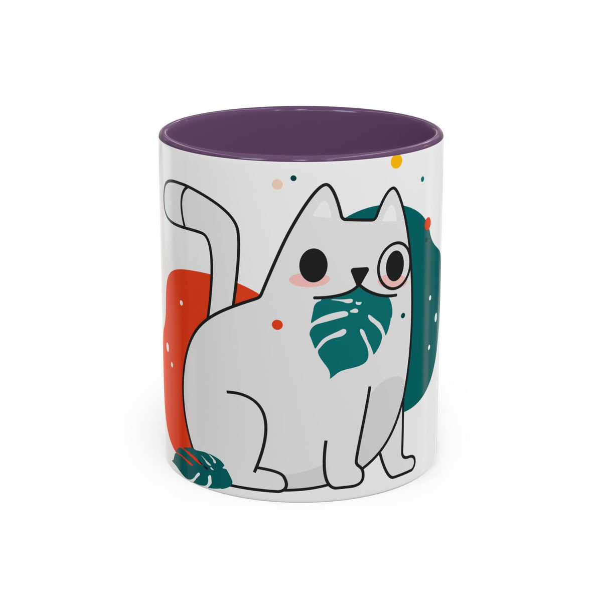 Cute Cat Coffee Mug  Playful White Cat with Tropical Leaf Accent 11oz 15oz
