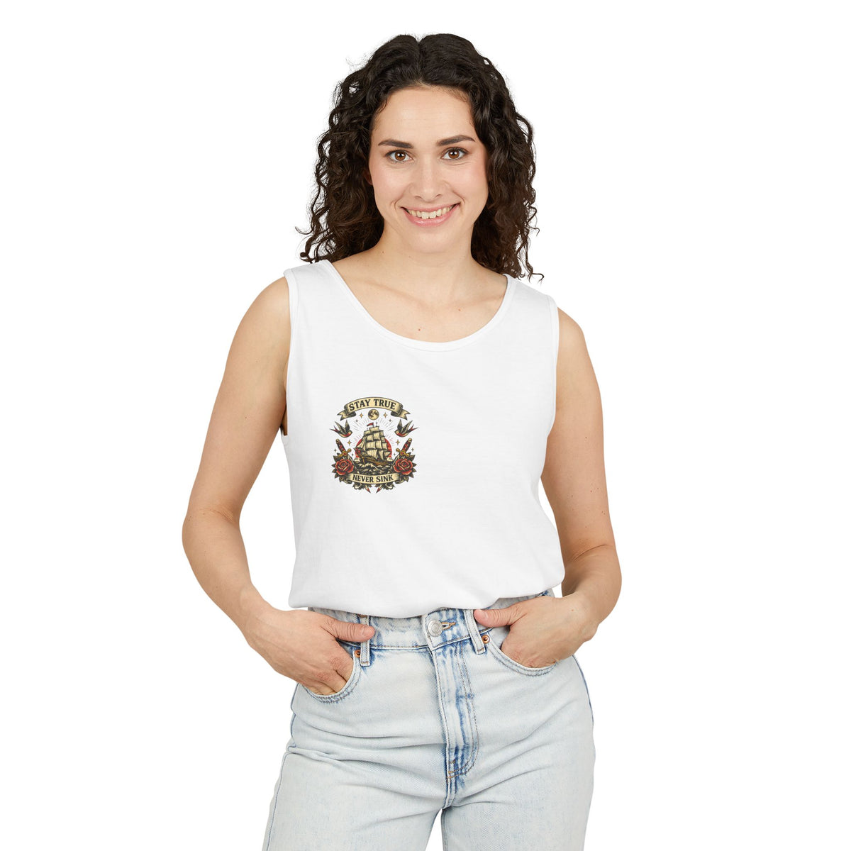 Stay True Never Sink Unisex Tank Top | Nautical Tattoo Style Summer Tank