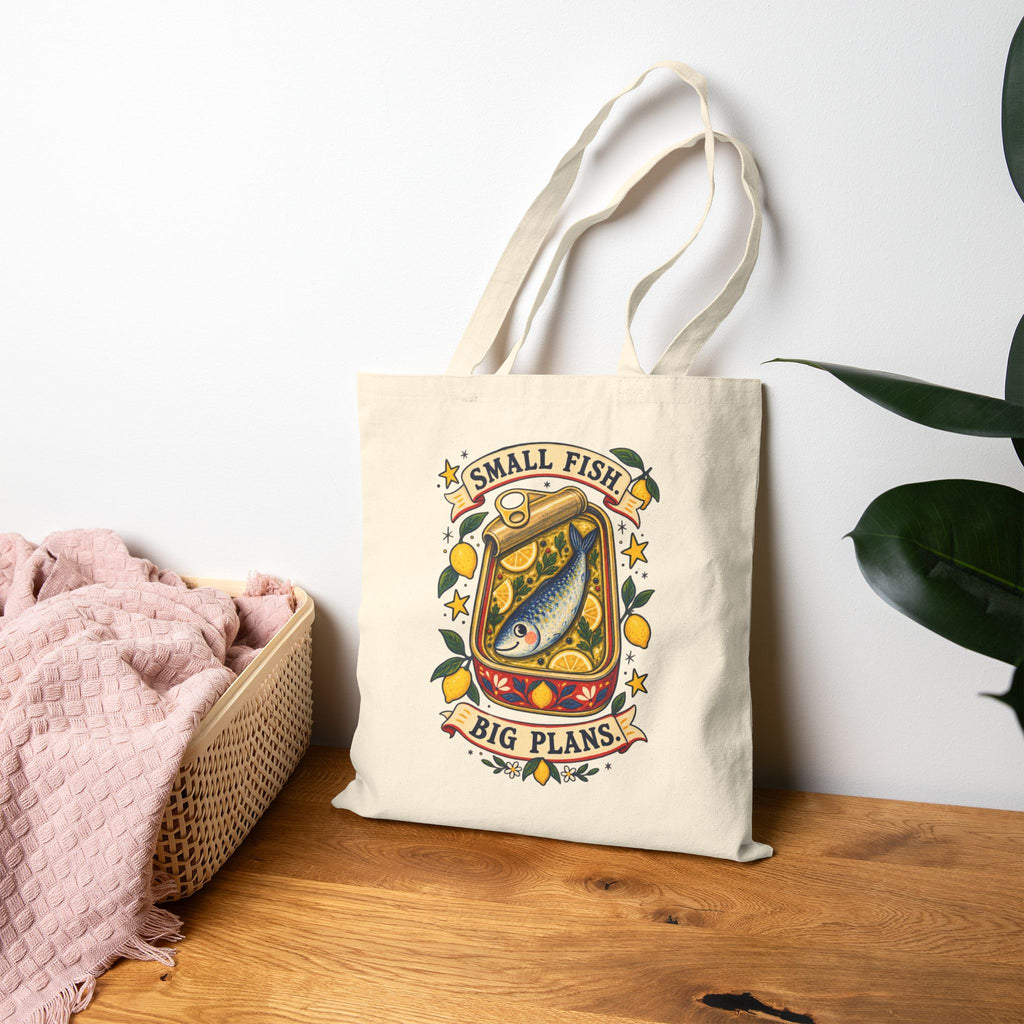 Small Fish Big Plans tote bag | Vintage fish illustration, nautical canvas tote