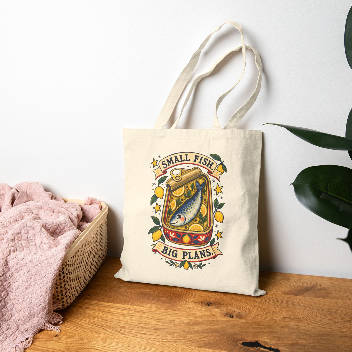 Small Fish Big Plans tote bag | Vintage fish illustration, nautical canvas tote