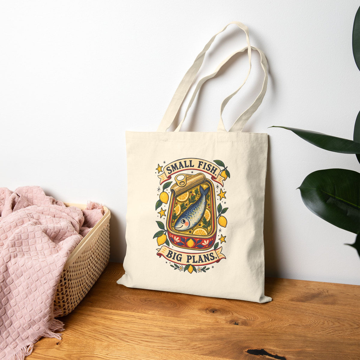 Small Fish Big Plans tote bag | Vintage fish illustration, nautical canvas tote