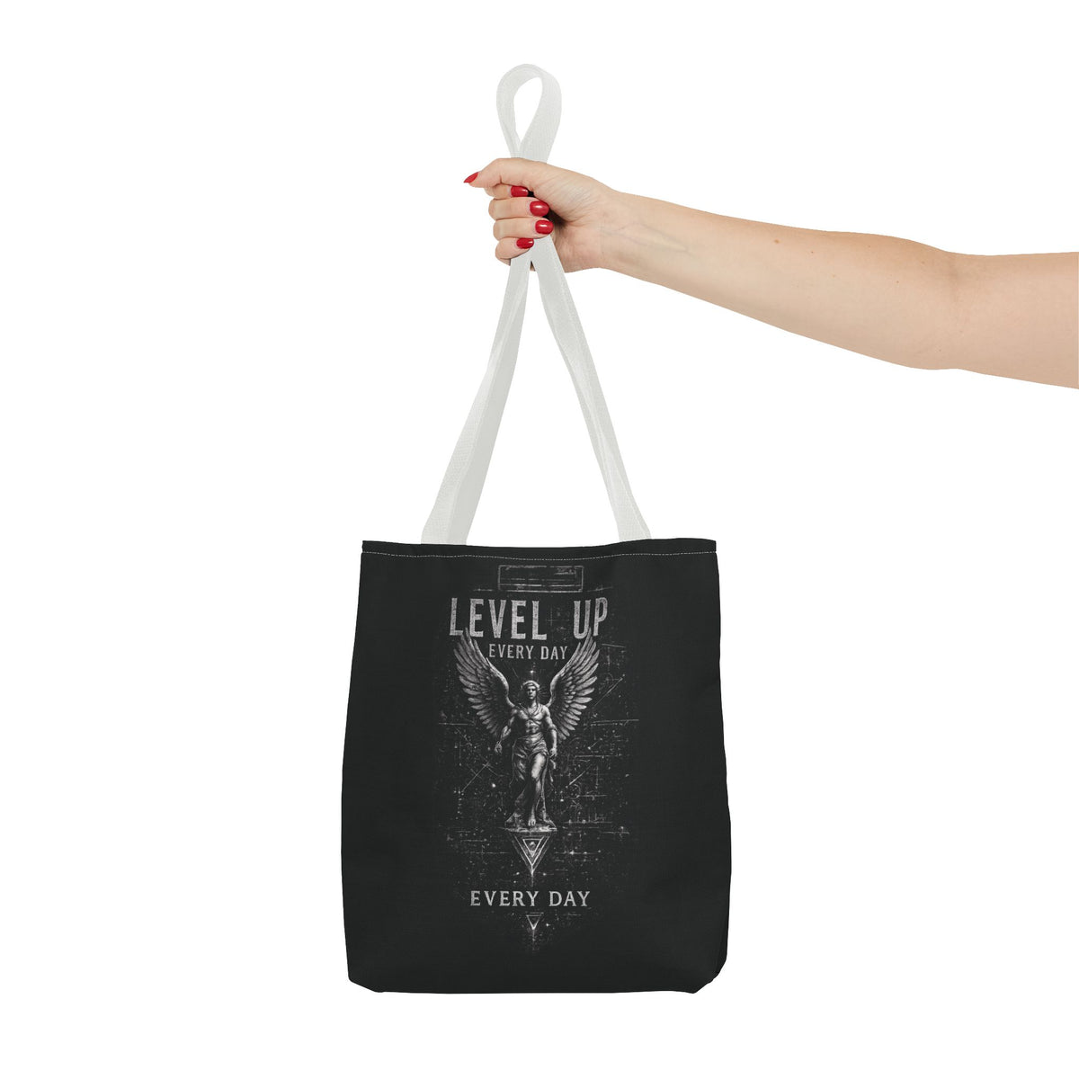 Level Up Every Day Angel Statue Tote Bag — Motivational Graphic Tote for Gamers & Fitness Fans