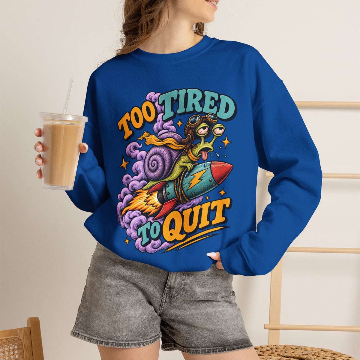 Too Tired to Quit Sweatshirt | Rocket Sloth Illustration, Motivational Retro