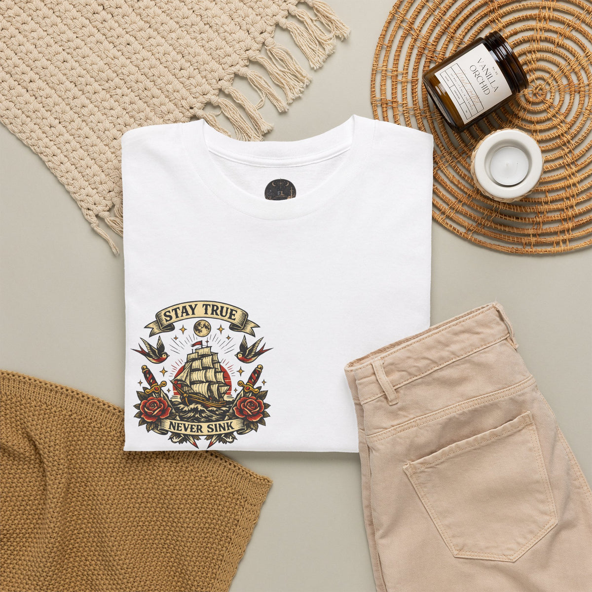 Stay True Never Sink T-Shirt — Vintage Sailboat Tattoo Graphic Tee