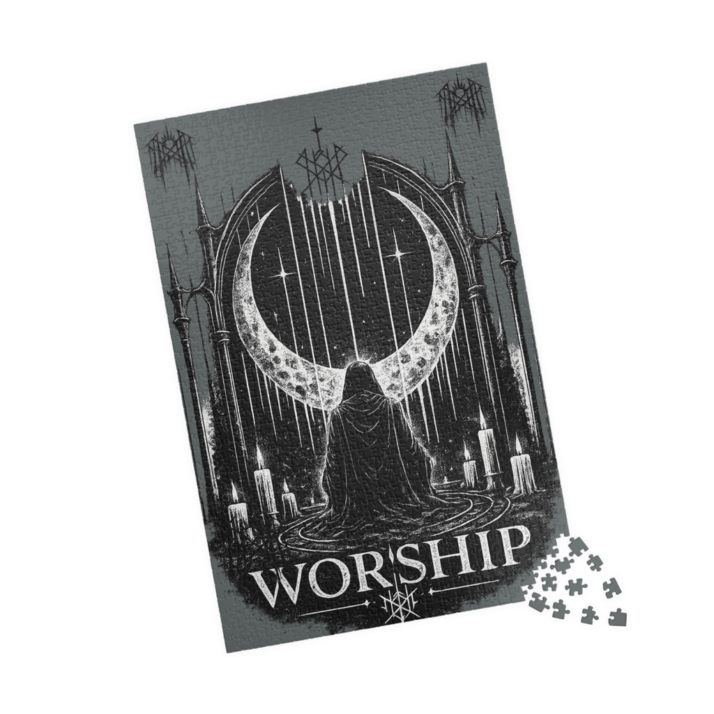 Piece together the ritual puzzle Worship Crescent Moon Altar Puzzle Gothic Occult Illustration
