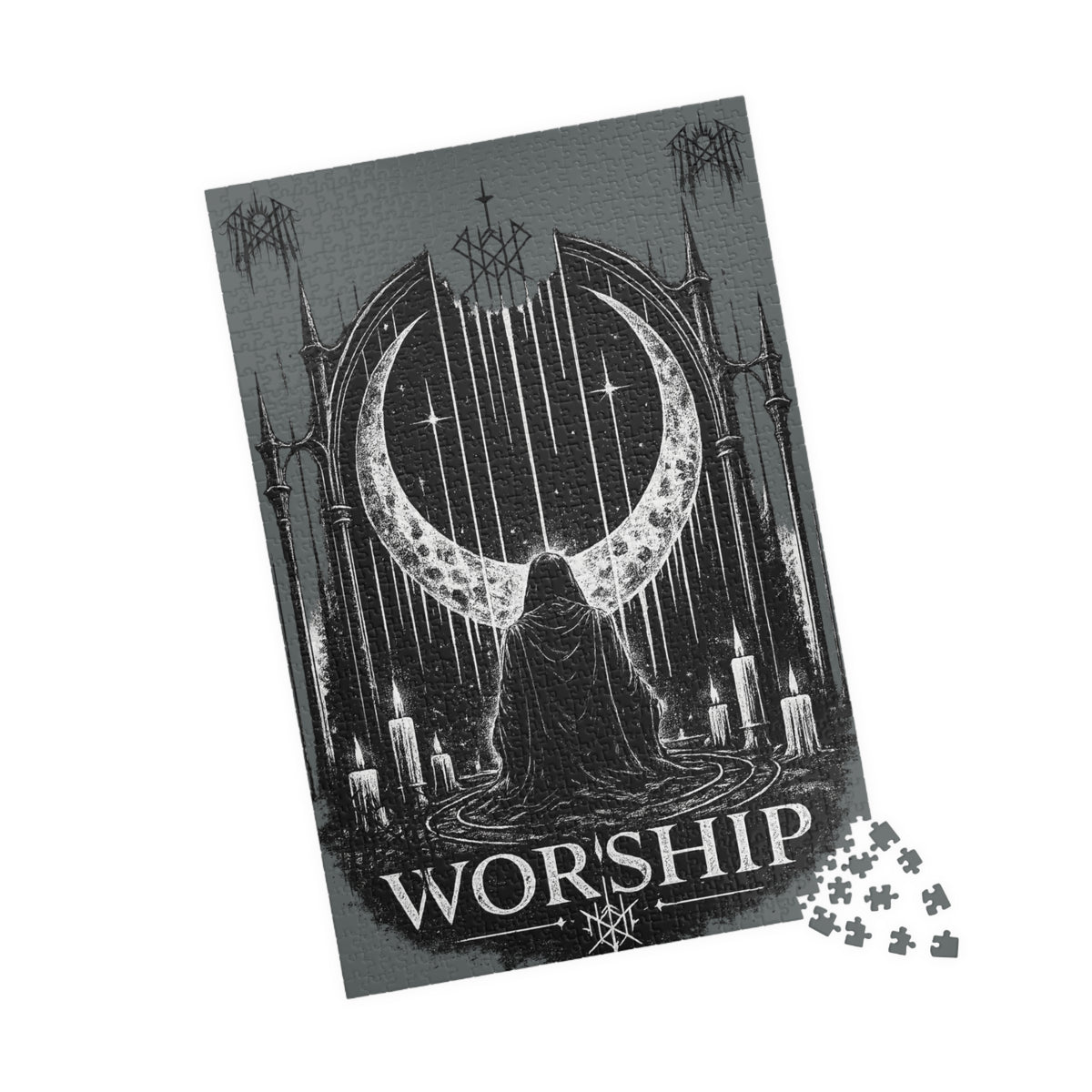 Piece together the ritual puzzle Worship Crescent Moon Altar Puzzle Gothic Occult Illustration