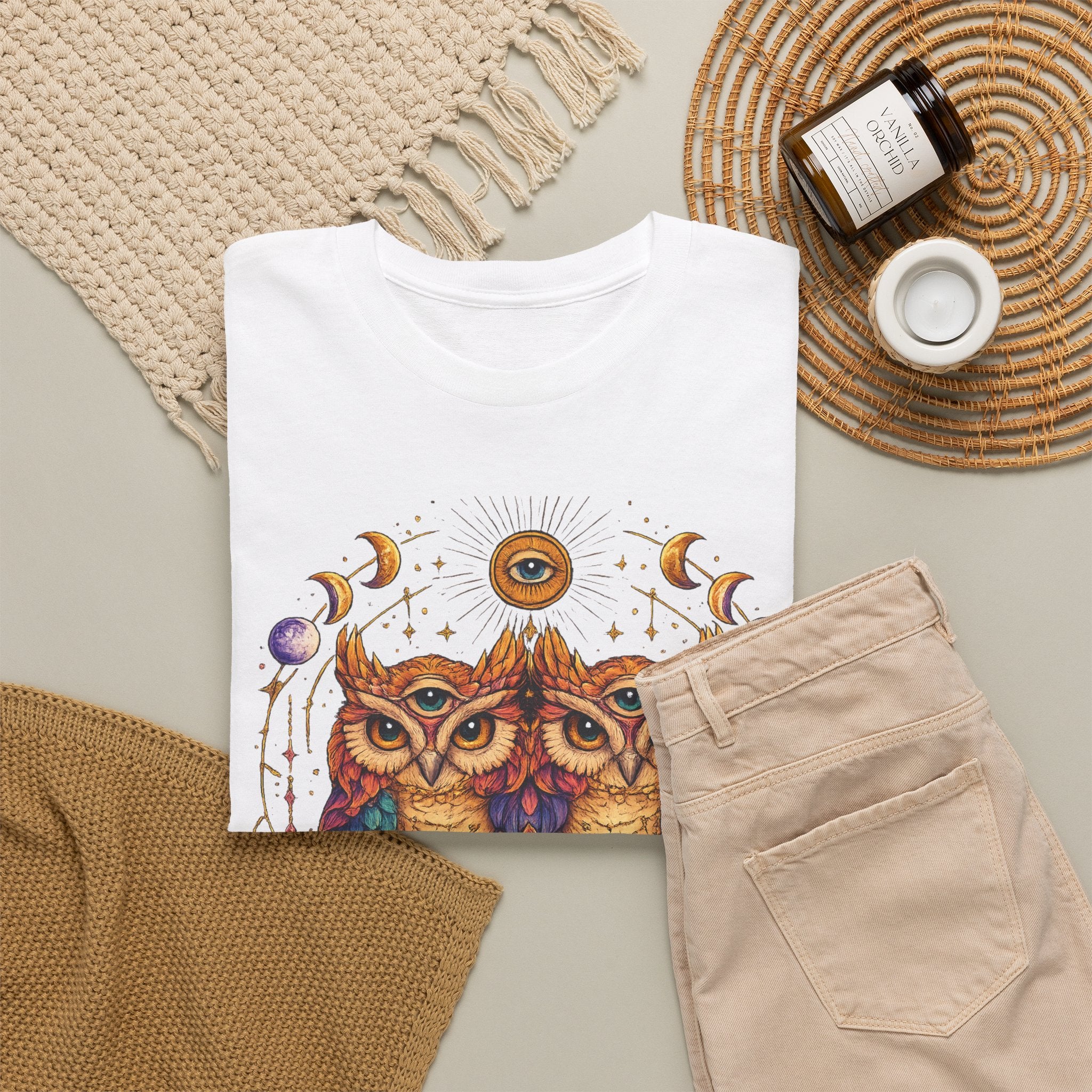 Mystical Triple Owl Illustration Tee Boho Moon Mystical Owl Shirt Boho Owl Graphic Tee Celestial Nature Shirt Spiritual Animal T Shirt