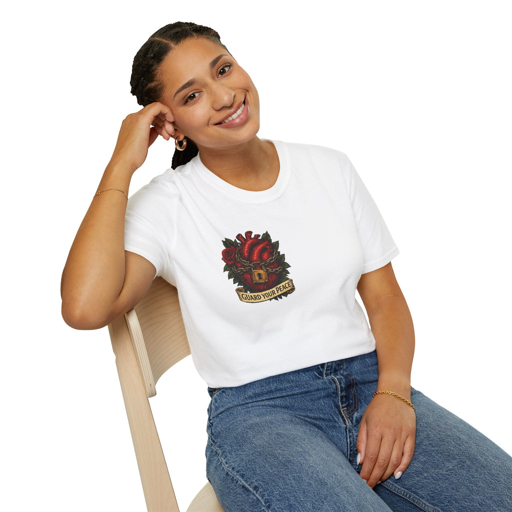 Guard Your Peace Heart graphic T-Shirt | anatomical heart, rose, lock