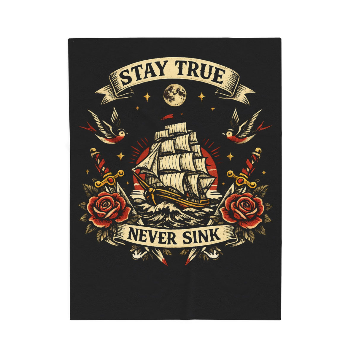 Velveteen Plush Blanket — "Stay True Never Sink" Nautical Ship & Rose Throw
