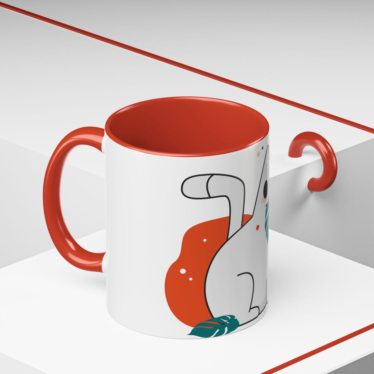 Cute Cat Coffee Mug  Playful White Cat with Tropical Leaf Accent 11oz 15oz