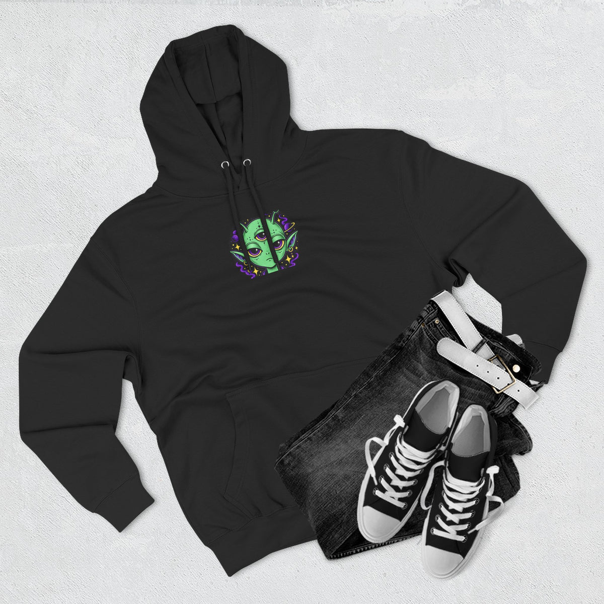 Resting Strange Face Alien hoodie | Three-Eyed Green Alien Illustration