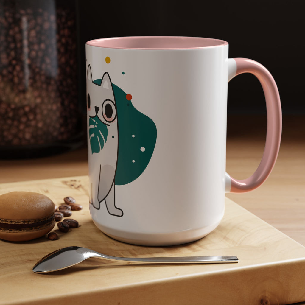 Cute Cat Coffee Mug  Playful White Cat with Tropical Leaf Accent 11oz 15oz