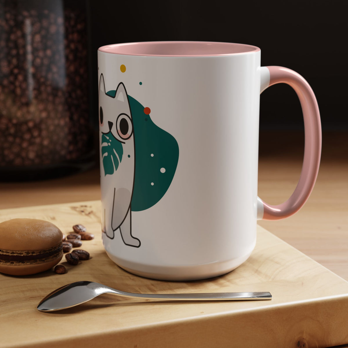 Cute Cat Coffee Mug  Playful White Cat with Tropical Leaf Accent 11oz 15oz