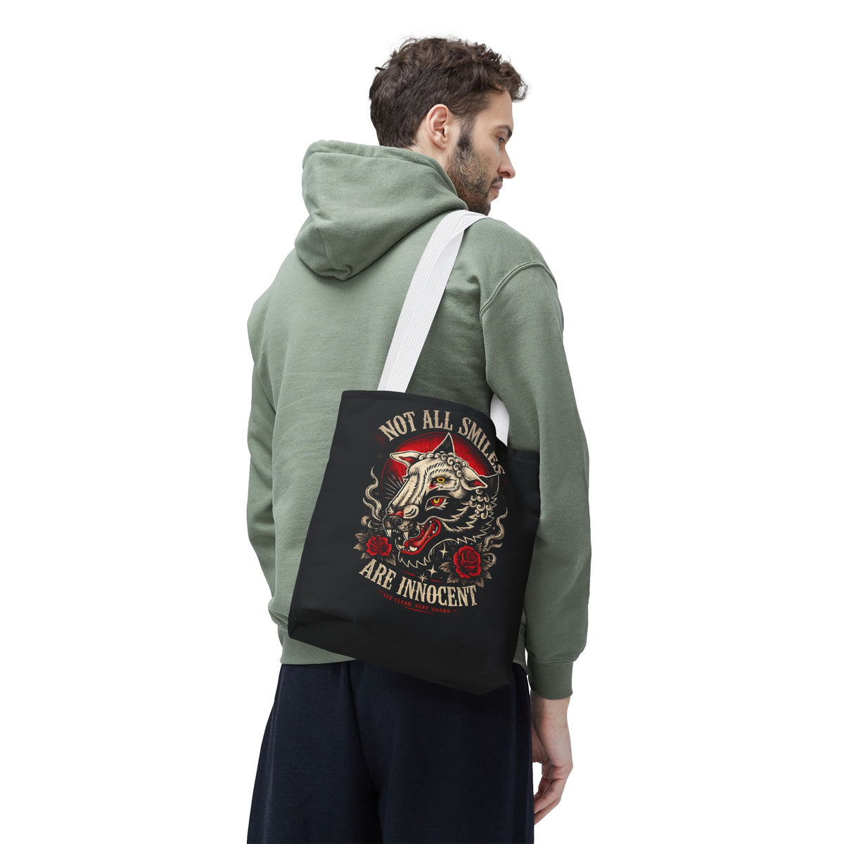 Not All Smiles Are Innocent Tote Bag – Gothic Wolf Skull Design