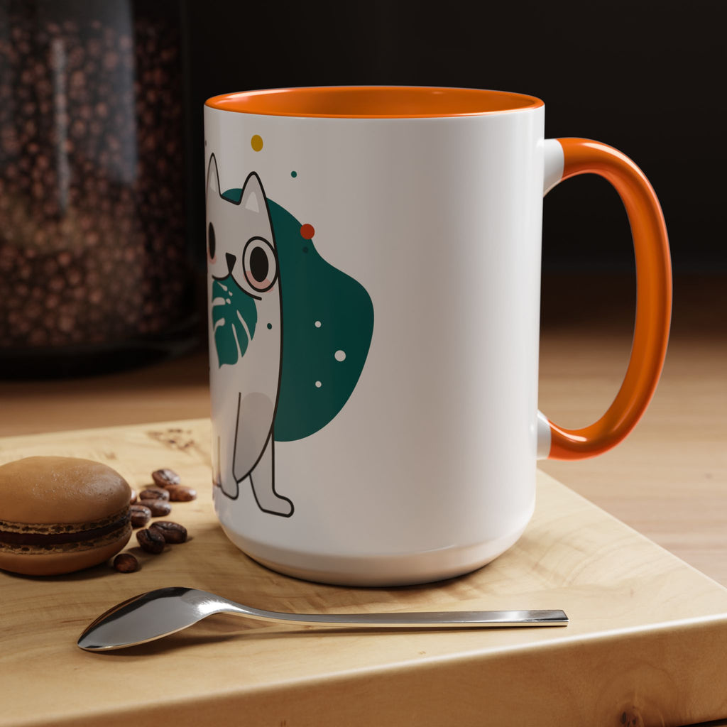 Cute Cat Coffee Mug  Playful White Cat with Tropical Leaf Accent 11oz 15oz