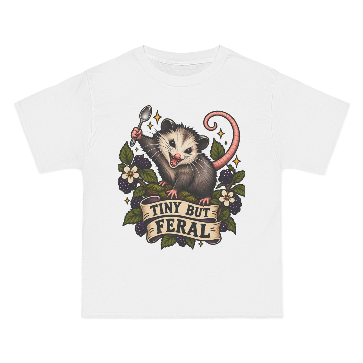Tiny But Feral opossum illustration T-Shirt | vintage floral banner