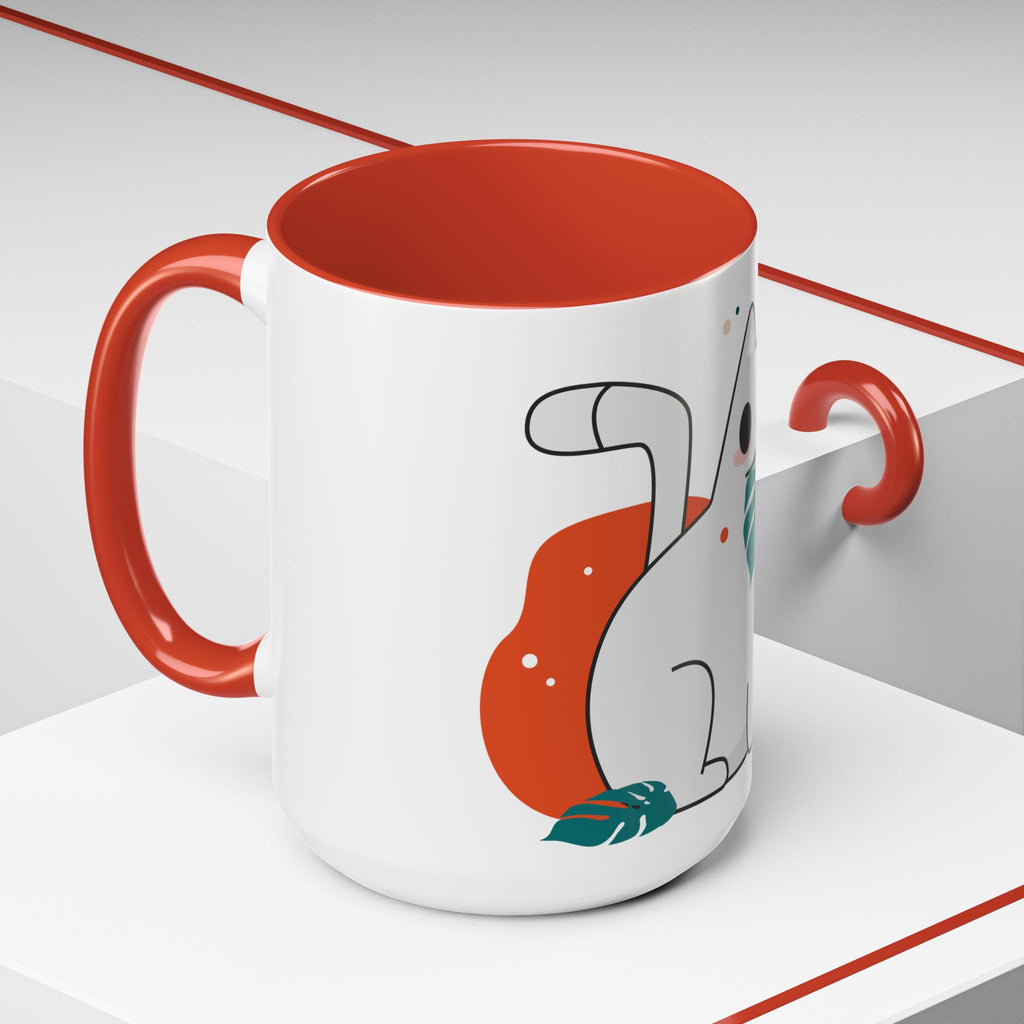 Cute Cat Coffee Mug  Playful White Cat with Tropical Leaf Accent 11oz 15oz