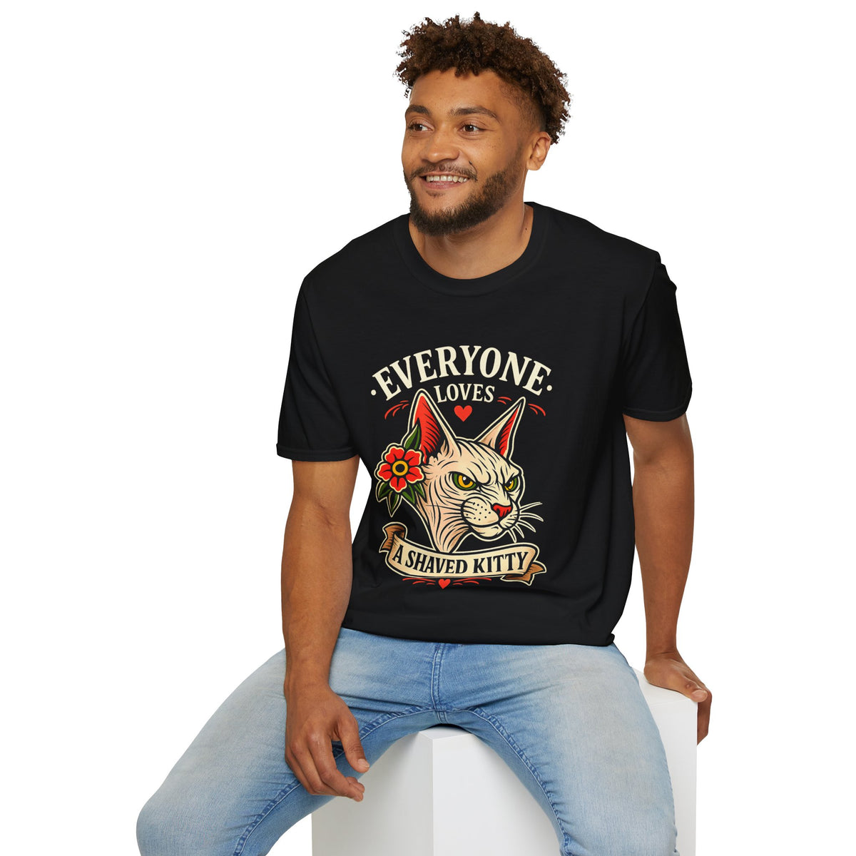 Everyone Loves A Shaved Kitty Shirt Funny Cat Lover T Shirt Retro Tattoo Style Tee Sphynx Cat Shirt Funny Graphic Tee Unisex Black Shirt