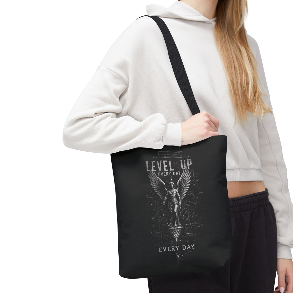 Level Up Every Day Angel Statue Tote Bag — Motivational Graphic Tote for Gamers & Fitness Fans