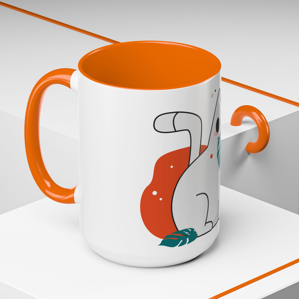 Cute Cat Coffee Mug  Playful White Cat with Tropical Leaf Accent 11oz 15oz