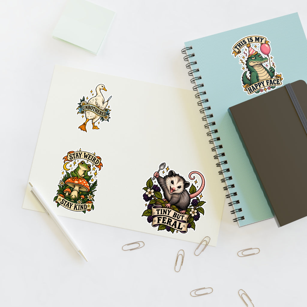 Whimsical Woodland Critters Sticker Sheet | Cute Frog Gator Opossum Goose