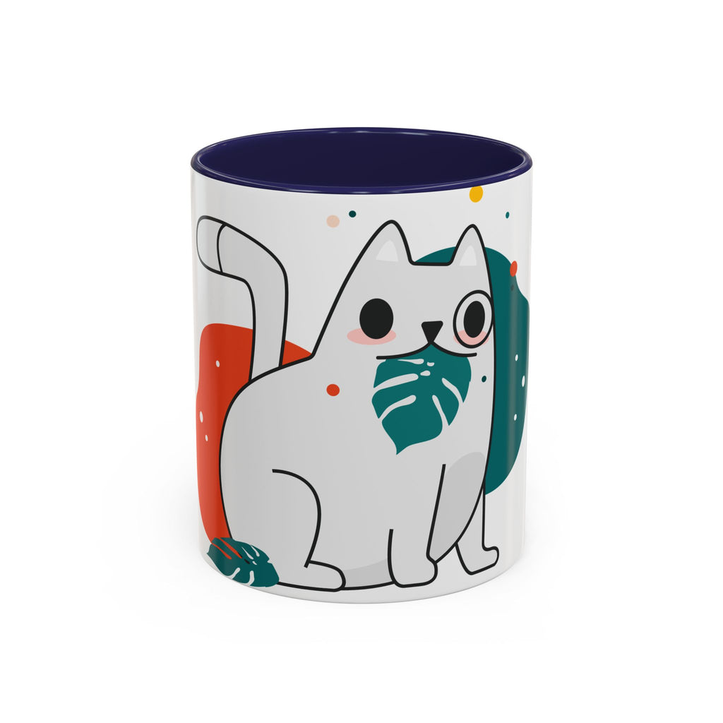 Cute Cat Coffee Mug  Playful White Cat with Tropical Leaf Accent 11oz 15oz