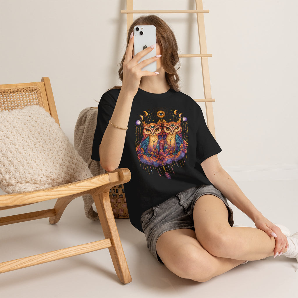 Mystical Triple Owl Illustration Tee Boho Moon Mystical Owl Shirt Boho Owl Graphic Tee Celestial Nature Shirt Spiritual Animal T Shirt