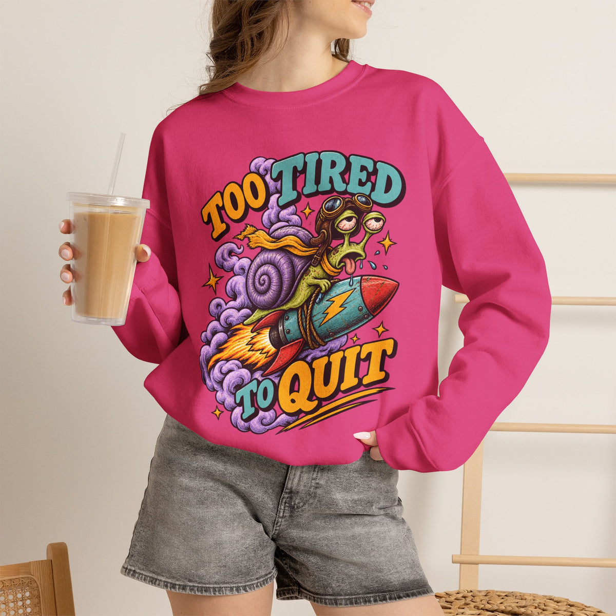 Too Tired to Quit Sweatshirt | Rocket Sloth Illustration, Motivational Retro