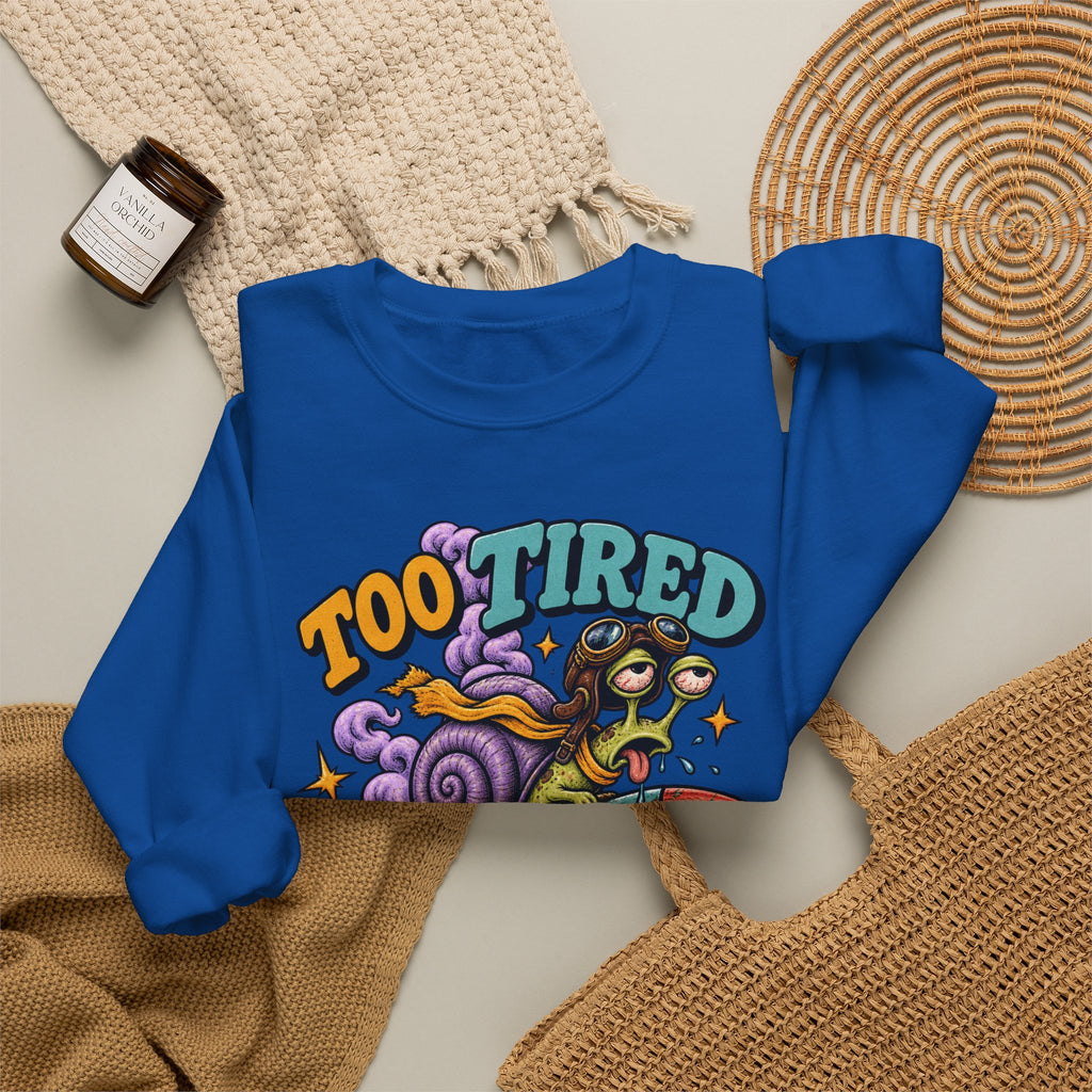 Too Tired to Quit Sweatshirt | Rocket Sloth Illustration, Motivational Retro