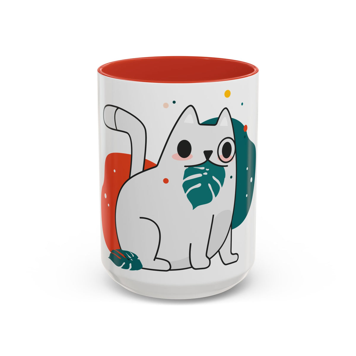 Cute Cat Coffee Mug  Playful White Cat with Tropical Leaf Accent 11oz 15oz