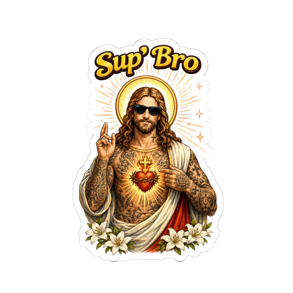 Sup Bro Jesus Sticker Funny Christian Decal Waterproof Vinyl Sticker Tattooed Jesus Laptop Sticker Faith Humor Car Decal Religious Gift