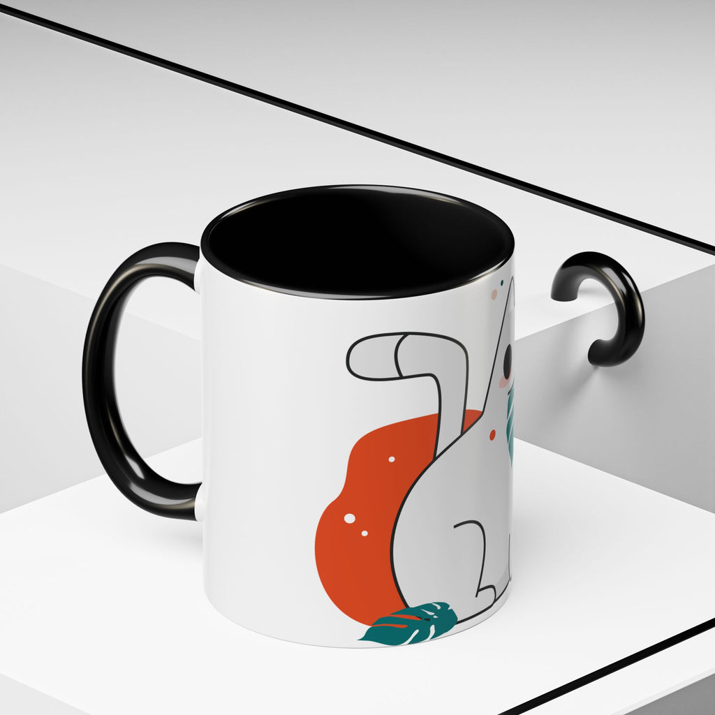 Cute Cat Coffee Mug  Playful White Cat with Tropical Leaf Accent 11oz 15oz