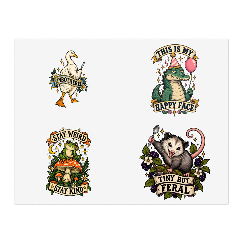 Whimsical Woodland Critters Sticker Sheet | Cute Frog Gator Opossum Goose