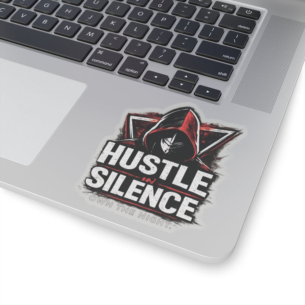 Hustle in Silence sticker Kiss-cut vinyl decal, hooded figure, gritty typography