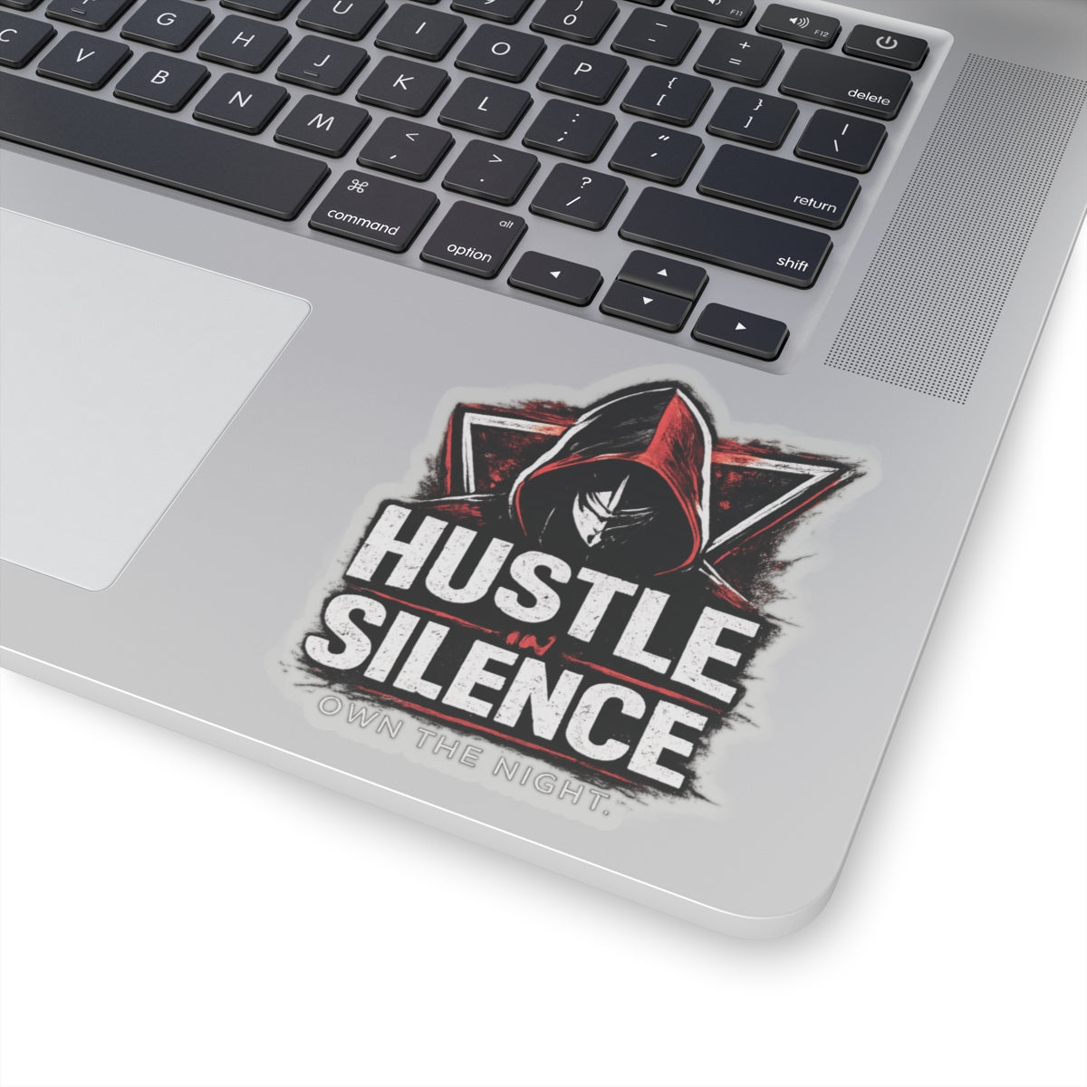Hustle in Silence sticker Kiss-cut vinyl decal, hooded figure, gritty typography