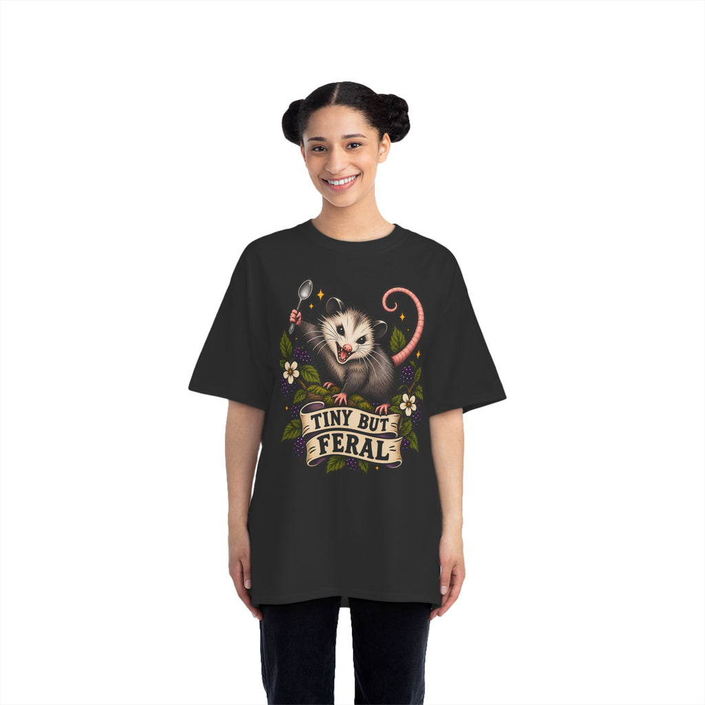 Tiny But Feral opossum illustration T-Shirt | vintage floral banner