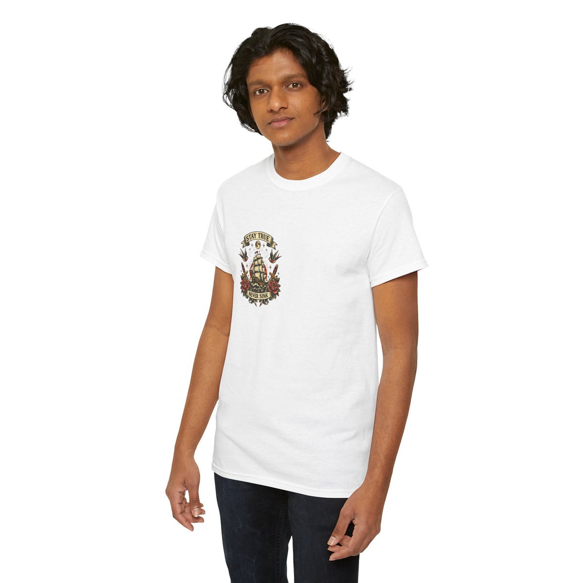 Stay True Never Sink T-Shirt — Vintage Sailboat Tattoo Graphic Tee