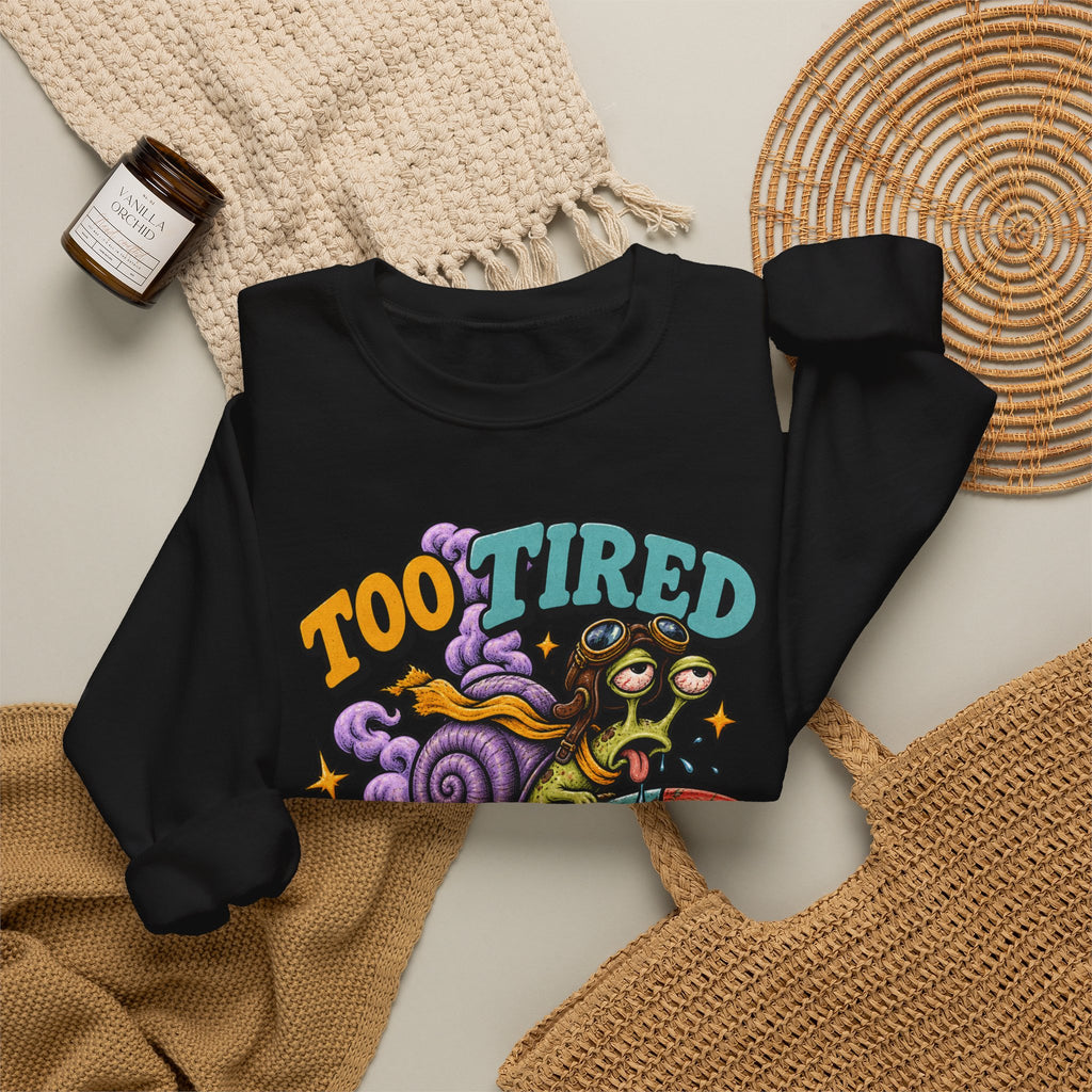 Too Tired to Quit Sweatshirt | Rocket Sloth Illustration, Motivational Retro