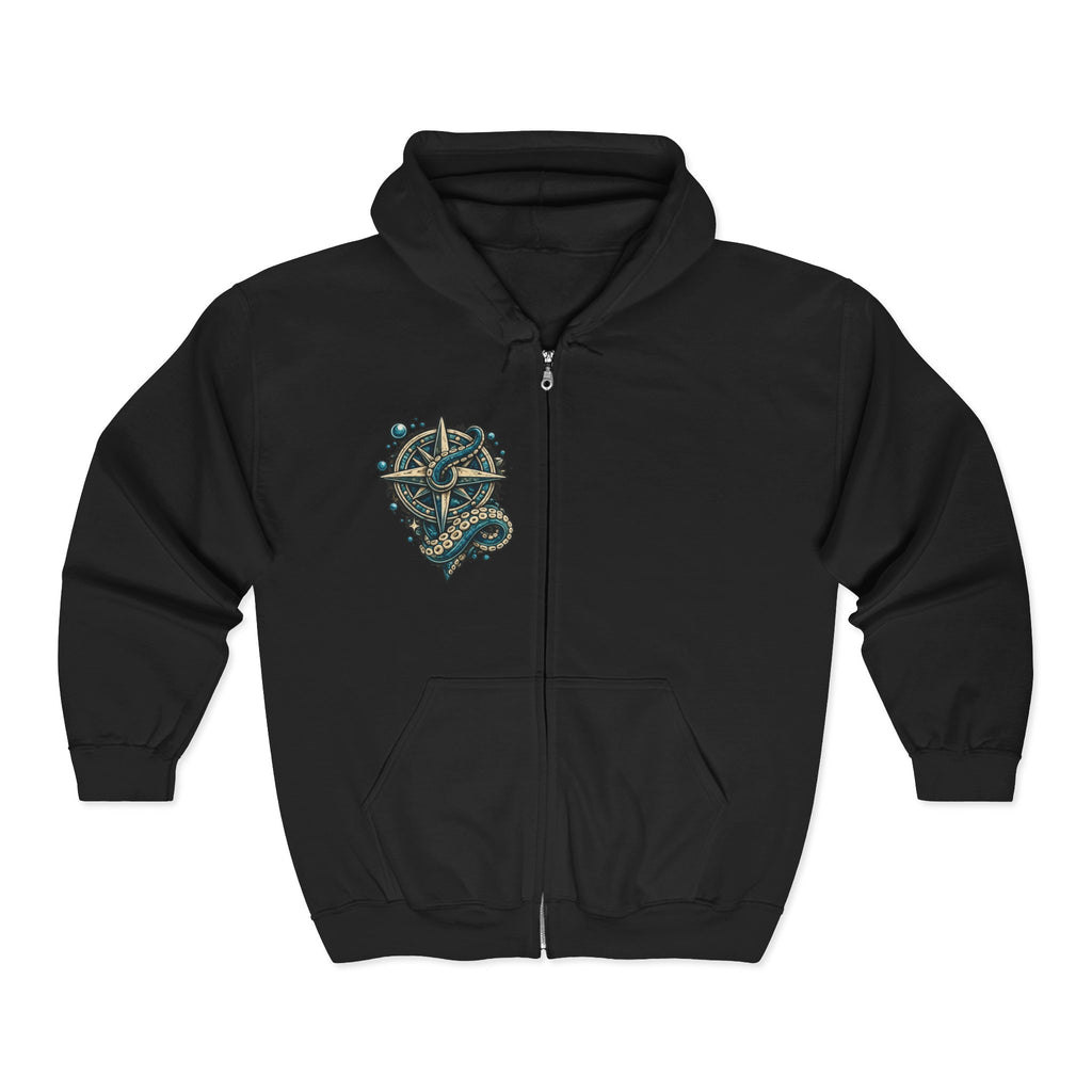 Nautical Compass & Octopus Zip Hoodie — Steampunk Sea Skull Design